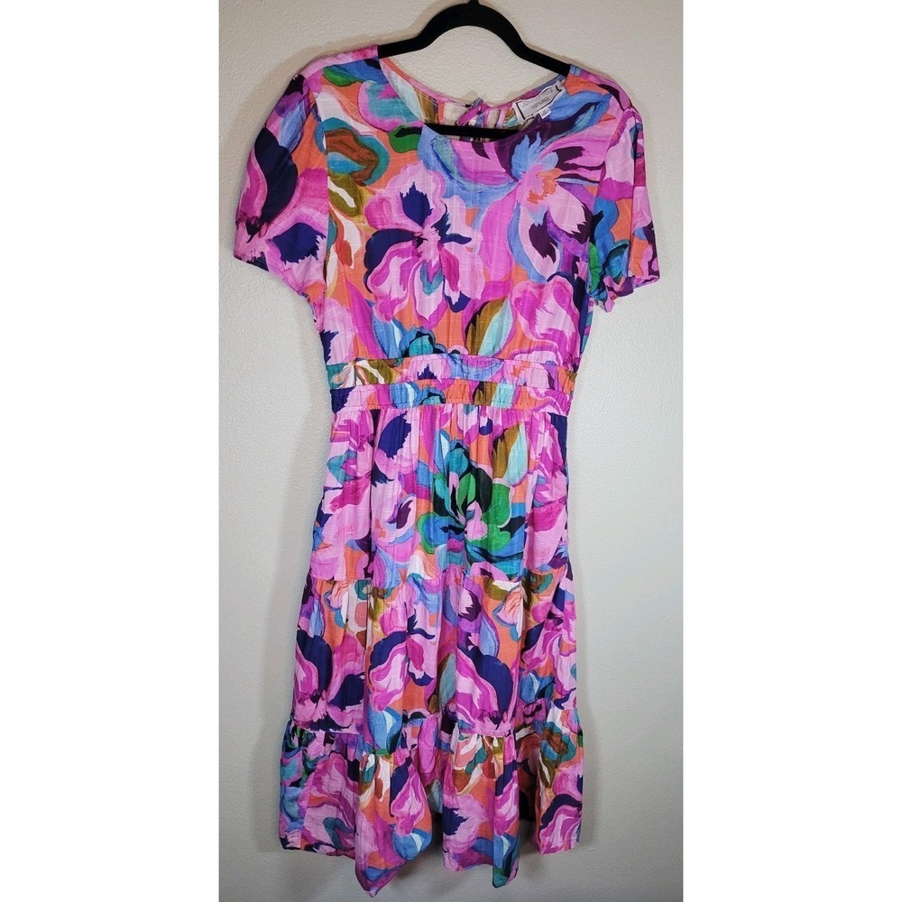 Johnny‎ Was XS Tiered Floral Midi Dress Rayon Linen Blend Pink Boho Resort